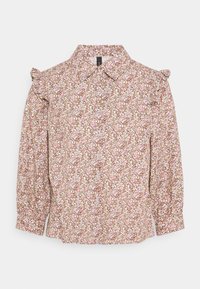 Camicia con stampa floreale caratterizzata da un colletto, spalle arricciate, maniche lunghe a sbuffo e chiusura con bottoni nelle tonalità di rosa, marrone e crema.