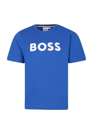 T-shirt en coton bleu avec des manches courtes et un col rond, portant "BOSS" imprimé en grandes lettres blanches sur la poitrine.