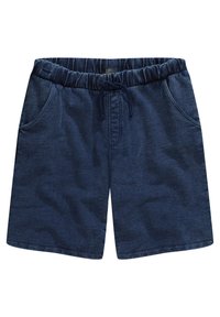 Blauwe spijkerbroek shorts met een elastische tailleband en een verstelbaar trekkoord. Kenmerkt zich door twee voorkwabben en een gestructureerde stof.