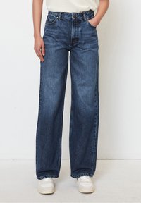 Wide-leg dark denim jeans with a high waist, featuring a button closure, classic five-pocket design, and slight fading in the fabric.