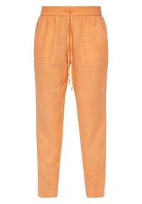 Licht oranje linnen broeken met een elastische tailleband, trekkoord en twee zijzakken. Tapered model, gladde textuur.
