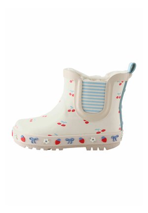 Kindergroßer cremefarbener Regenstiefel mit rotem Kirschmuster, blau gestreiftem elastischem Seitenpaneel und einer Sohle, die mit Erdbeeren, Blumen und Schleifen verziert ist.