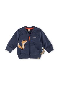 Marineblaue Kinderjacke mit Reißverschluss und gesteppter Schulterpartie, mit einem Fuchs-Applikation und orangefarbenen Akzenten, aus weichem, atmungsaktiven Stoff.
