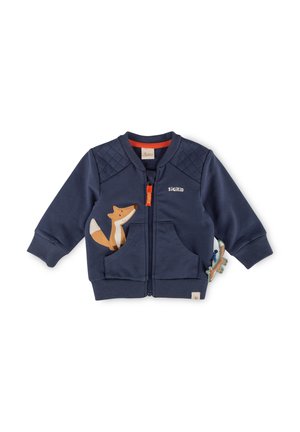 Giacca per bambini navy a zip con design trapuntato sulle spalle, presenta un'applique di volpe e dettagli arancioni, realizzata in tessuto morbido e traspirante.