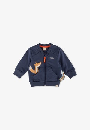 Giacca per bambini navy a zip con design trapuntato sulle spalle, presenta un'applique di volpe e dettagli arancioni, realizzata in tessuto morbido e traspirante.