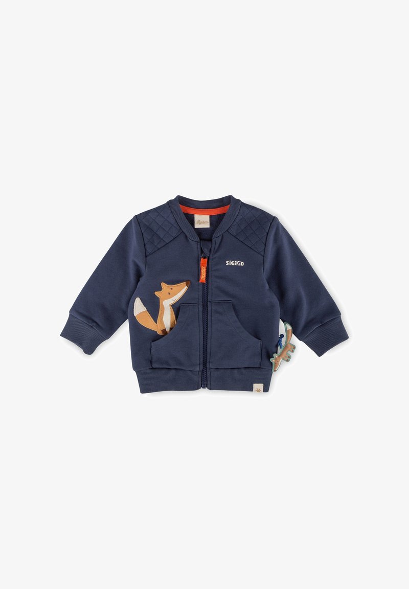 Giacca per bambini navy a zip con design trapuntato sulle spalle, presenta un'applique di volpe e dettagli arancioni, realizzata in tessuto morbido e traspirante.