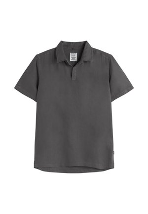 Dark gray short-sleeve polo shirt with collar and partial button placket, eco-friendly fabric tag visible inside collar.