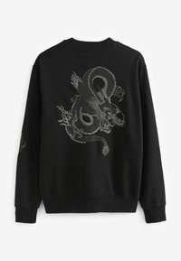 Schwarzer Sweatshirt mit detaillierter silberner Drachenstickerei auf dem Rücken. Runder Halsausschnitt, lange Ärmel und gerippte Bündchen und Saum.
