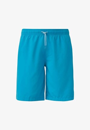 Türkisfarbene Schwimmshorts aus leichtem Material, mit einem elastischen Bund und Kordelzug sowie seitlichen Taschen. Glatte Textur.