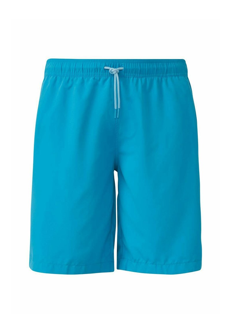 Turquoise zwemshorts van lichtgewicht stof, uitgerust met een elastische tailleband met trekkoord en zijzakken. Glad textuur.