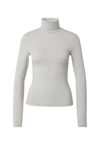 Grijze coltrui van zacht, rekbaar materiaal; nauwsluitende vorm met lange mouwen en een omgevouwen kraag. Geen zichtbare patronen of accenten.