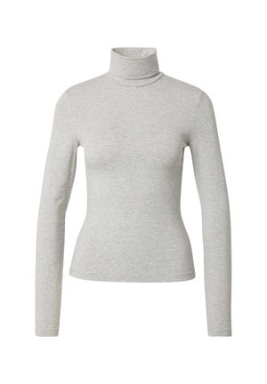 Pull à col roulé gris en tissu doux et extensible ; forme ajustée avec des manches longues et un col replié. Pas de motifs ni d'accents visibles.