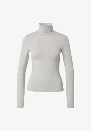 Pull à col roulé gris en tissu doux et extensible ; forme ajustée avec des manches longues et un col replié. Pas de motifs ni d'accents visibles.