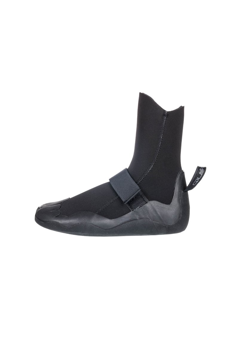 Botte de plongée en néoprène avec une tige noire et une semelle en caoutchouc, dotée d'une sangle en Velcro pour un maintien sécurisé et d'un design de bout lisse et arrondi.