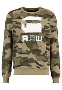 Felpa verde mimetica con scollatura a girocollo, maniche lunghe e un logo stampato bianco con la scritta "RAW" sulla parte frontale. Tessuto morbido.