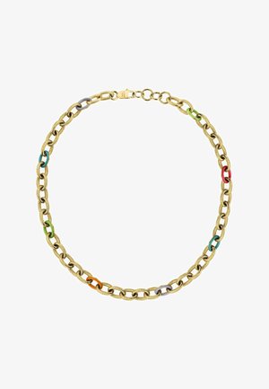 Guldkæde med teksturerede led med farverige detaljer i pink, grøn, blå, orange og lilla. Låsesystem bagpå.