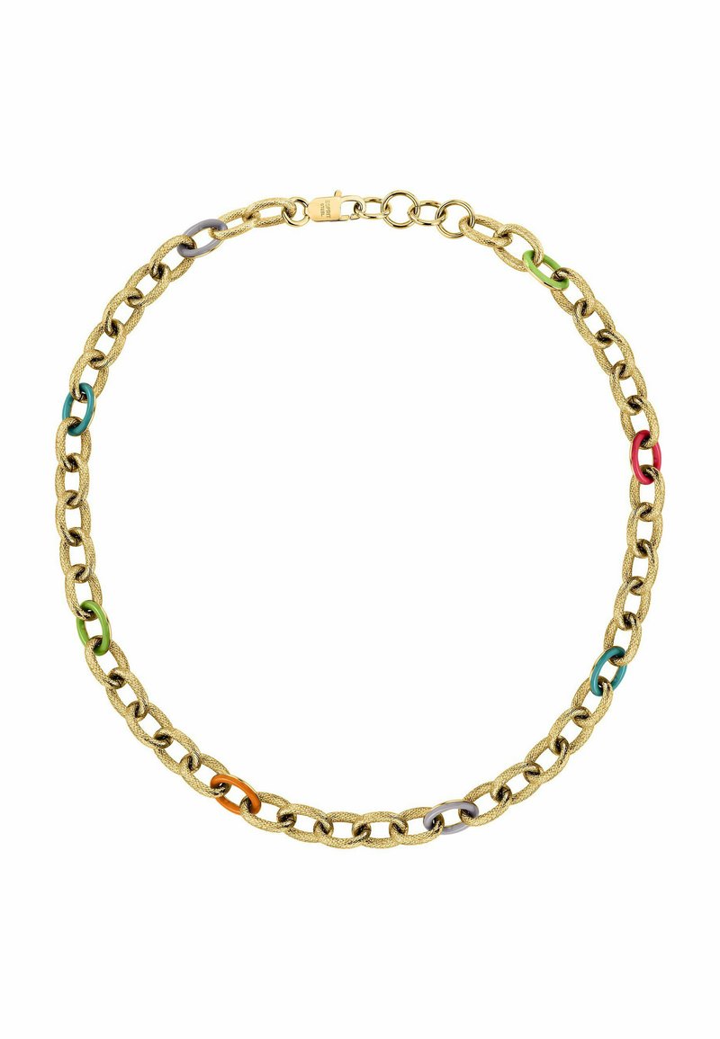 Collana in oro con maglie testurizzate e accenti colorati in rosa, verde, blu, arancione e viola. Chiusura a clip sul retro.