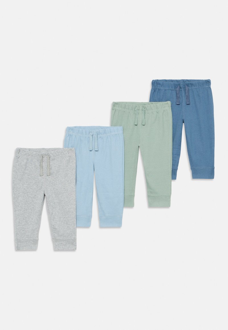 Four pairs of children's pants in gray, light blue, green, and dark blue. Each has an elastic waistband and drawstring, made of soft fabric.