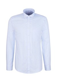 Chemise pour homme à manches longues à carreaux bleu clair et blanc, avec col boutonné et boutons blancs sur le devant.