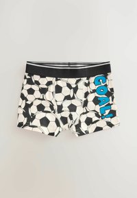 Boxershortar med mönster av en svart-vit fotboll, med en blå "MÅL!" grafik på sidan. Material: bomullsmix.