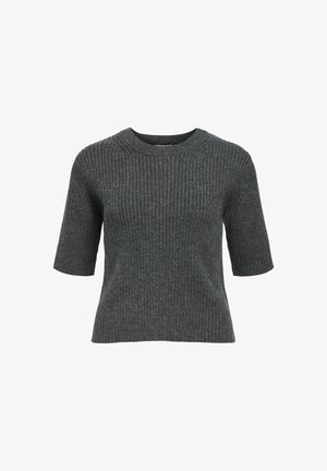 Halliltud hall ribi-efektiga kootud sviiter ümmarguse kaeluse, lühikeste varrukate ja peene tekstuuriga. Sirge allaäär ja hubase sobivusega disain.