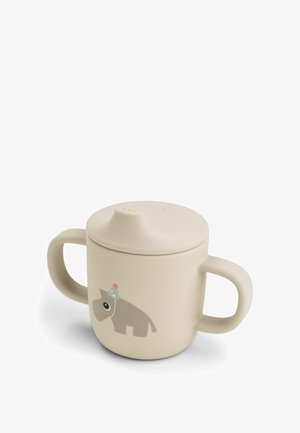 Child's beige sippy cup with two handles and a lid, featuring a gray elephant wearing a green party hat illustration.