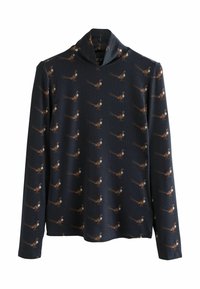 Navy long-sleeve shirt with a cowl neck, featuring a repeated pattern of brown birds with white accents throughout the fabric.