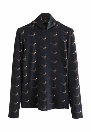 Marineblaues Langarmshirt mit Cowl-Neck, das ein wiederholtes Muster brauner Vögel mit weißen Akzenten über den Stoff hat.