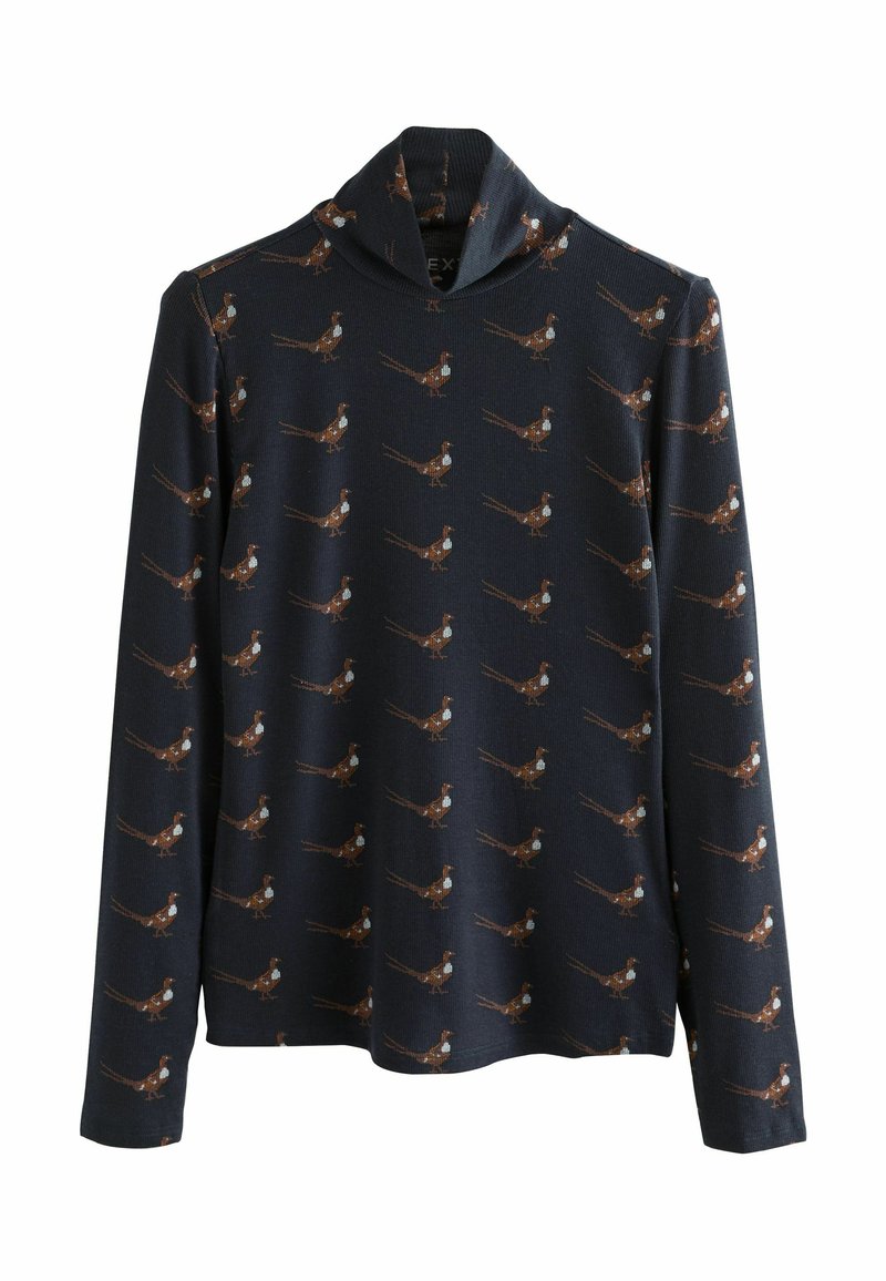 Navy long-sleeve shirt with a cowl neck, featuring a repeated pattern of brown birds with white accents throughout the fabric.
