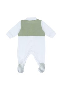 Rompers bianco con una parte superiore in maglia verde, maniche lunghe e dettagli a scacchi verdi sui piedi. Tessuto in cotone morbido, polsini sartoriali.