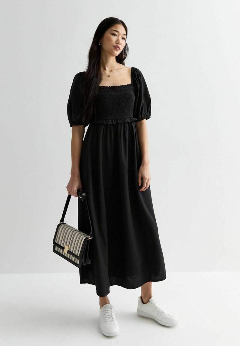 New Look SQUARE NECK SHIRRED MIDI - Jurk - black
