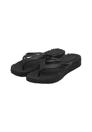 Zwarte flip-flops van gereikt rubber, met een geweven ontwerp en twee smalle bandjes die over de wreef kruisen.