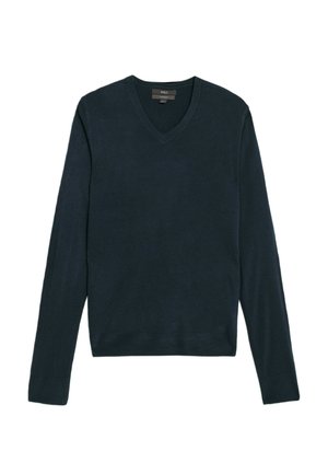 Marineblå v-hals sweater lavet af blødt stof, med lange ærmer og ribbede manchetter. Simpelt design uden mønstre eller accenter.