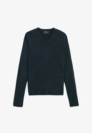 Granatowy sweter w serek wykonany z miękkiego materiału, z długimi rękawami i ściągaczami. Prosty design, bez wzorów czy akcentów.