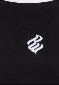 Black cotton t-shirt featuring a white embroidered logo. The design includes a round neckline and a smooth texture.