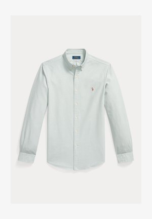 Light blue long-sleeve button-down shirt with a buttoned collar and small embroidered Polo Ralph Lauren logo on the chest.