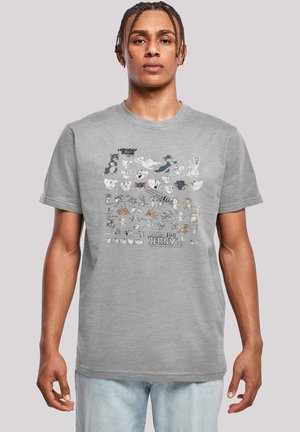 Grey cotton t-shirt featuring a graphic print of characters from "Tom and Jerry" in black and white with color accents. Short sleeves, crew neck.