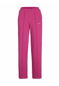 Pantalones jogger rosa con cintura elástica, dos pliegues frontales y un pequeño logo blanco "JJXX" en el lado izquierdo. Tejido suave, diseño de pierna recta.