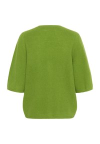 Green knitted sweater with a boxy fit, short sleeves, and a wide crew neckline. Textured fabric with a smooth finish.