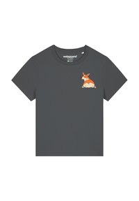 Grijze T-shirt met korte mouwen van gladde stof, voorzien van een kleurrijke illustratie van een corgi op de linkerkant van de borst.