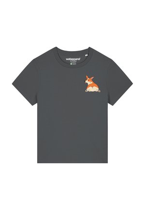 Gray short-sleeve T-shirt made of smooth fabric featuring a colorful illustration of a corgi on the left chest area.