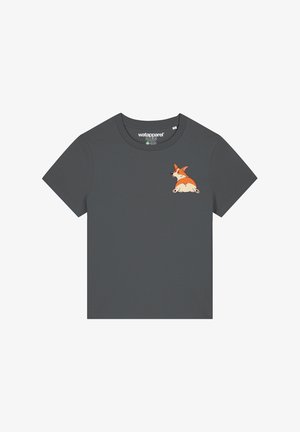 Gray short-sleeve T-shirt made of smooth fabric featuring a colorful illustration of a corgi on the left chest area.