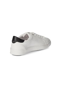 White leather sneaker with a textured surface, round toe, and black leather heel accent. Features flat laces and a rubber sole.