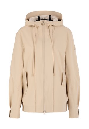 Beige hooded jacket with front zipper, adjustable drawstrings, two side pockets, and buttoned cuffs on long sleeves.