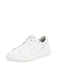 White athletic shoes made of smooth synthetic material, featuring lace-up design, mesh accents, logo detail, and textured rubber sole.
