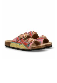 Chanclas deslizantes coloridas de tejido trenzado con una parte superior de tela estampada, correas ajustables dobles y una plantilla de corcho. Suela de goma negra.