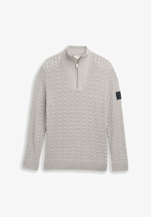 Lichtgrijze gebreide trui met een ritssluiting, een getextureerd kabelpatroon, geribbelde manchetten en een stoffen patch op één mouw.