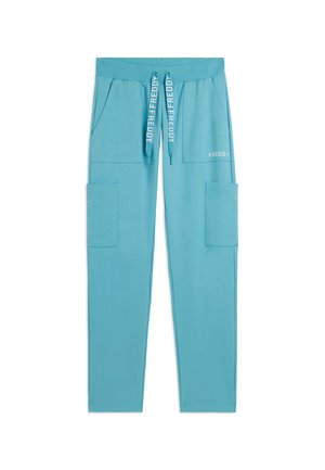 Pantaloni da jogging azzurri chiari con vita elastica, coulisse frontali con etichetta "FREDDY", due grandi tasche anteriori e due tasche cargo laterali.