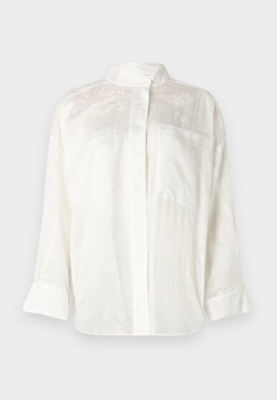 White button-up shirt with a textured finish and slight sheen, featuring a mandarin collar and long sleeves with rolled cuffs.