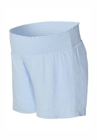 Lichtblauwe shorts van een gestructureerde, gekreukte stof met een smockband. Losse pasvorm met een lengte boven de knie.